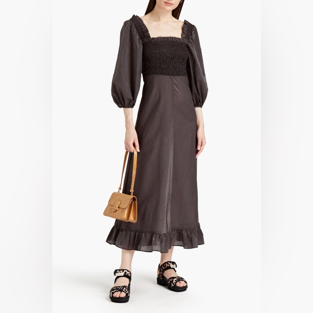 Ganni Shirred Gingham Seersucker Midi Dress